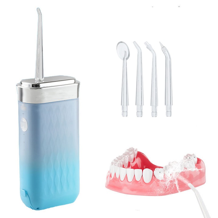 Aiorber hordozható szájzuhany és szájirrigátor, 1600 pulzáció/perc, hordozható, 50-90 Psi, szinuszos, 1200mAh akkumulátor, 4 fúvóka mellékelve, kék
