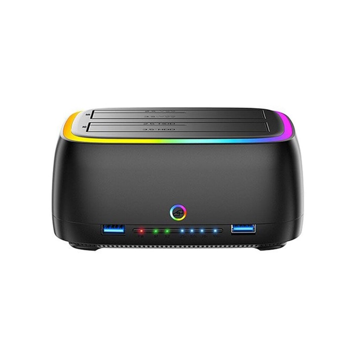 Kétrekeszes merevlemez dokkoló állomás, RGB, HUB, offline másolás, 2.5/3.5 inch, fekete, 12V