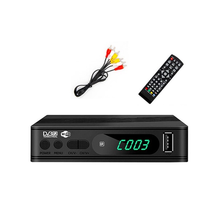 Set-top box DVB-T2 WiFi 1080P HD, negru, 10x7x2cm
