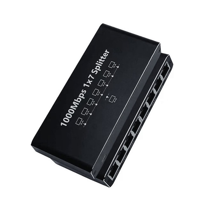 Splitter Ethernet Gigabit RJ45, 1 la 7 porturi, negru, 5V, 10x5x2cm