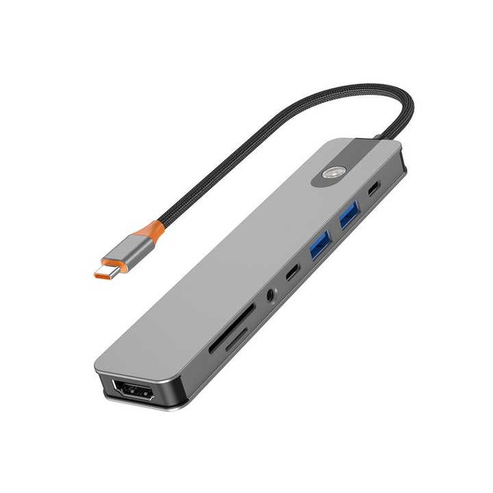 Hub USB-C, 7 functii, 4K, aluminiu, negru