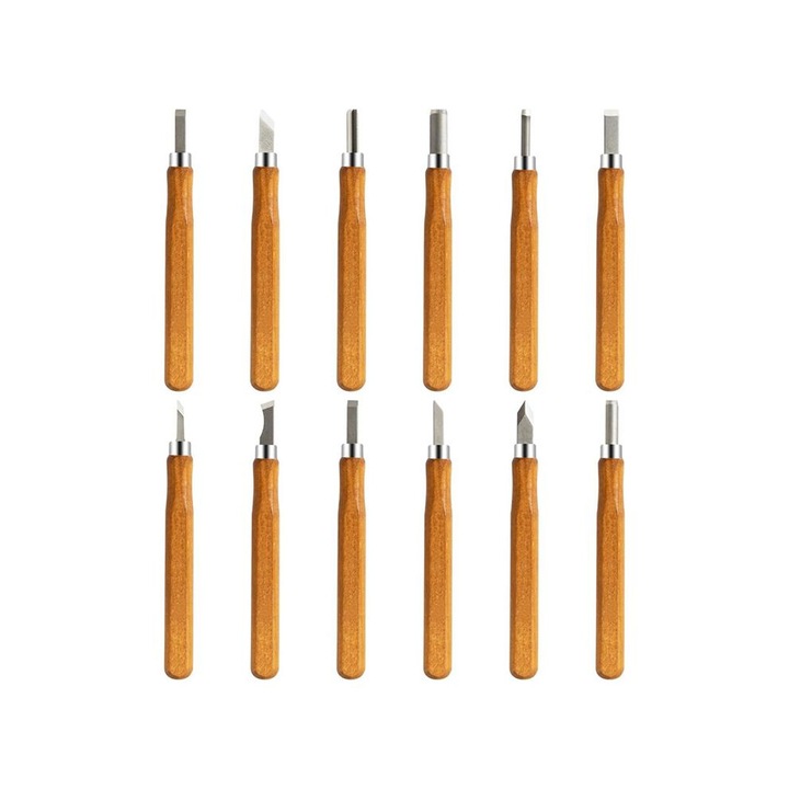 Set 12 bucati, unelte/cutite pentru sculptura in lemn, lame din otel SK5 3-8.5 mm, manere ergonomice din lemn, cutie transparenta compacta 5.9x6.22x0.7 in, maro/transparent