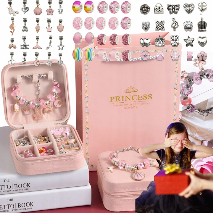 Set Bijuterii, Bounn, Margele Charms Roz, Cutie Eleganta, Exprimare Personalitate, Abilitati Manuale, Cadou Unic, Arcandise