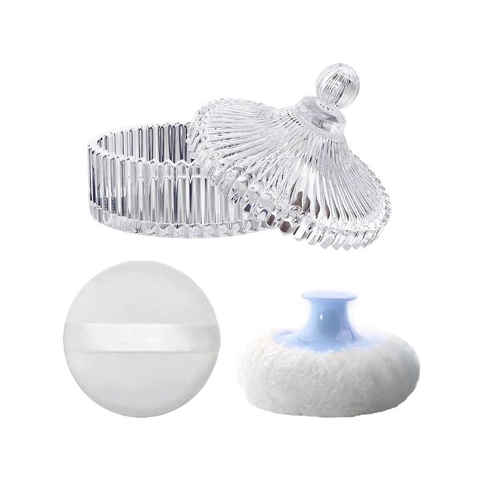 Set aplicatoare pudra corp cu recipient sticla, 440ml, alb, 2 pufuri