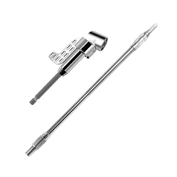 Adaptor burghiu unghi drept cu ax flexibil, extensie hexagonala, argintiu, mare