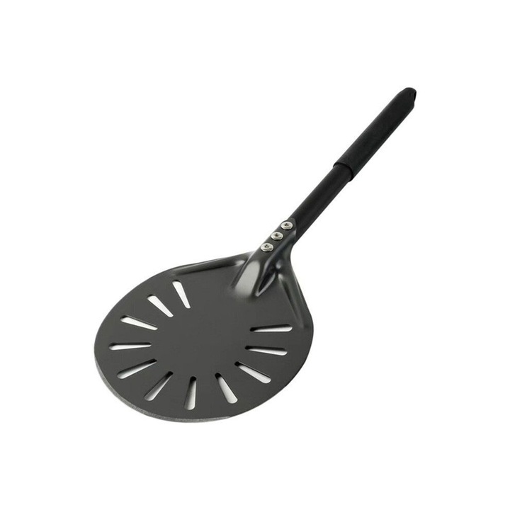 Paleta rotunda pizza aluminiu perforata maner lung 30x30cm