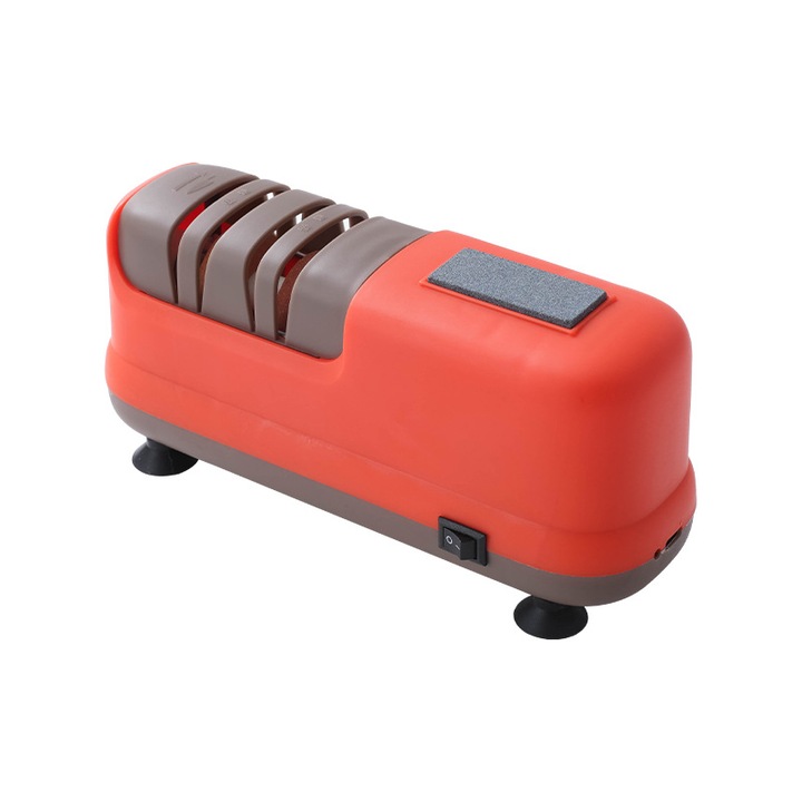 Elektromos késélező, 1200 mAh, 20 W, 5 V, ORBER, teljesen automata, csúszásmentes talp, késekhez és ollókhoz, otthoni konyhába alkalmas, speciális, ABS, 17,5 × 5 × 7,5 cm, piros