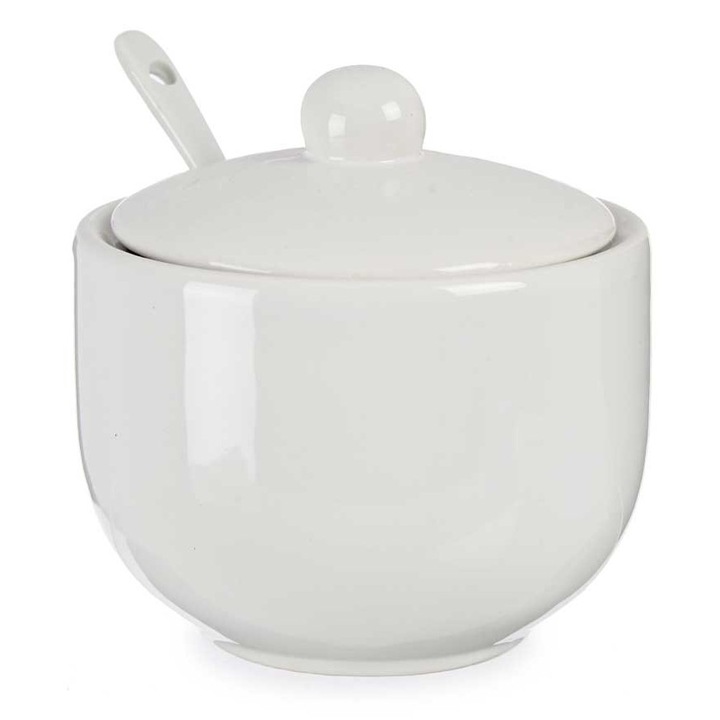 Porcelán Cukortartó, VESSIA, Fedővel és Kanállal, Cukorhoz, Sóhoz, Fűszerekhez és Mézhez, Klasszikus Modern Design, Ideális Konyhai Mindennapi Használatra, Hőálló, Könnyen Tisztítható, Esztétikus Ajándékdoboz Csomagolás, Elegáns, Fehér