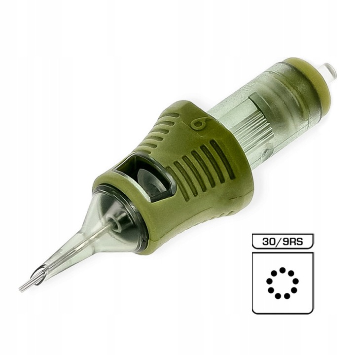 Nemesis 30/9RSLT tetováló tűmodul (cartridge), Round Shader (RSLT) hosszú kúpos tűkkel, körkörösen elrendezett tűk árnyékoláshoz és kitöltéshez, Zöld, 1 db