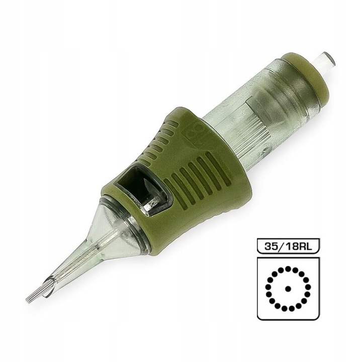 Tattoo tűpatron / cartridge Nemesis 35/18RLLT, round liner (long taper), nagy pontosságú, zöld/átlátszó, 1 db