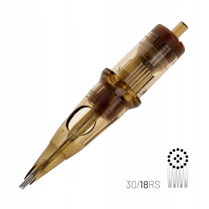 Kwadron Round Shader tetováló tűmodul (cartridge) 18 RS, 0.30 mm, Long Taper (LT) hegy, 18 tű, átlátszó barna, 1 db