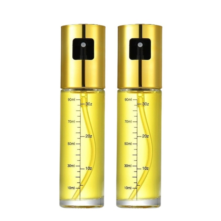 2 db olaj- és ecetszóró készlet, 100 ml-es beosztásos üveg, arany kupakok, élelmiszer spray az egészséges főzéshez, salátákhoz, sütéshez és grillezéshez
