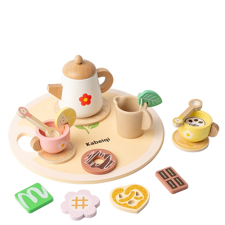 Délutáni tea játékszett, utánzat, desszertek, virágmintás, teáskanna, ORBER, gyerekeknek, korai fejlesztő oktatójátékok, minimalista design, 14 év alatti gyermekek számára alkalmas, fából, 23,2 × 7 × 23 cm