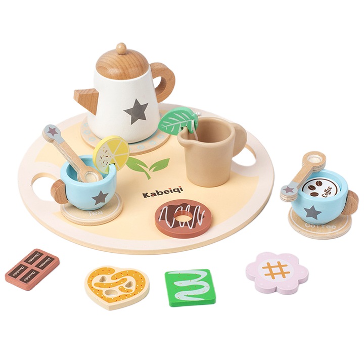 Set de jucarii pentru ceaiul de dupa-amiaza, imitatie, deserturi, ORBER, model cu stelute, ceainic, pentru copii, jucarie educativa pentru dezvoltarea timpurie, design minimalist, potrivit pentru copii sub 14 ani, din lemn, 23, 2 × 7 × 23 cm