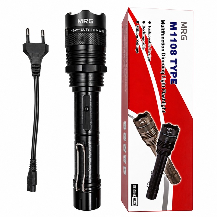 Фенер с електрошок MRG M1108, Алуминий, LED, Презареждаем, 24 см, Захващане за колан, Самоотбрана, 220v, Черен