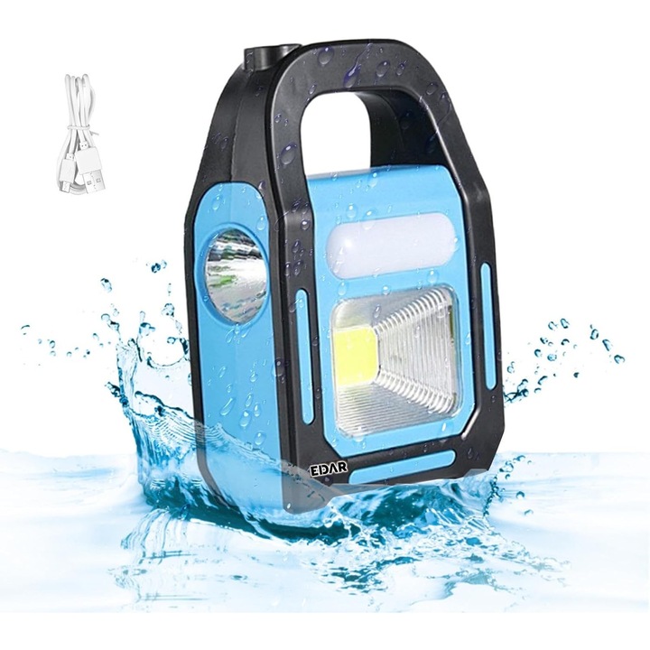 EDAR Multifunkcionális Hordozható LED Lámpa, Napelemes és USB, COB, 3 Fényzóna, Vízálló, Műhelybe, Kempingezéshez, 1200mAh, IP44, Fekete/Kék