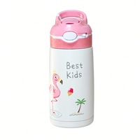 Sticla Termica Copii Inox 400ml Omelivon®, Pai Silicon, Deschidere cu Buton, Blocare Anti-Greseli, Etansa, Maner cu Carlig, Flamingo Roz, Gradinita si Scoala