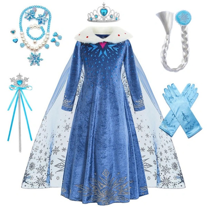 Rochie de printesa pentru fete, costum de iarna, albastru, 150cm, set cu accesorii