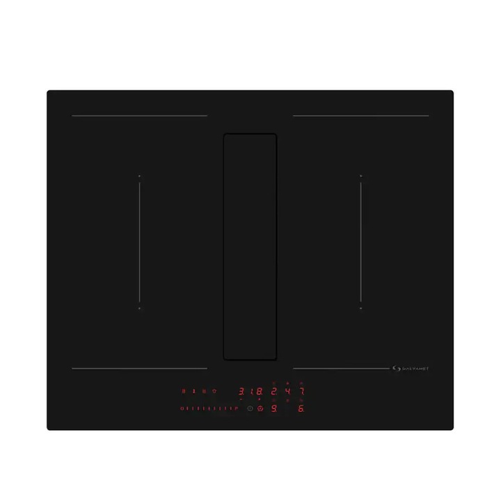 Plita incorporabila premium pe inductie cu hota integrata GALVAMET, Perfecto, 4 zone, 60 cm, A++, putere de absorbtie 700 m³/h, 2 zone Bridge, 9 trepte putere, functie Booster, panou control touch slider, filtru anti-grasime lavabil, negru