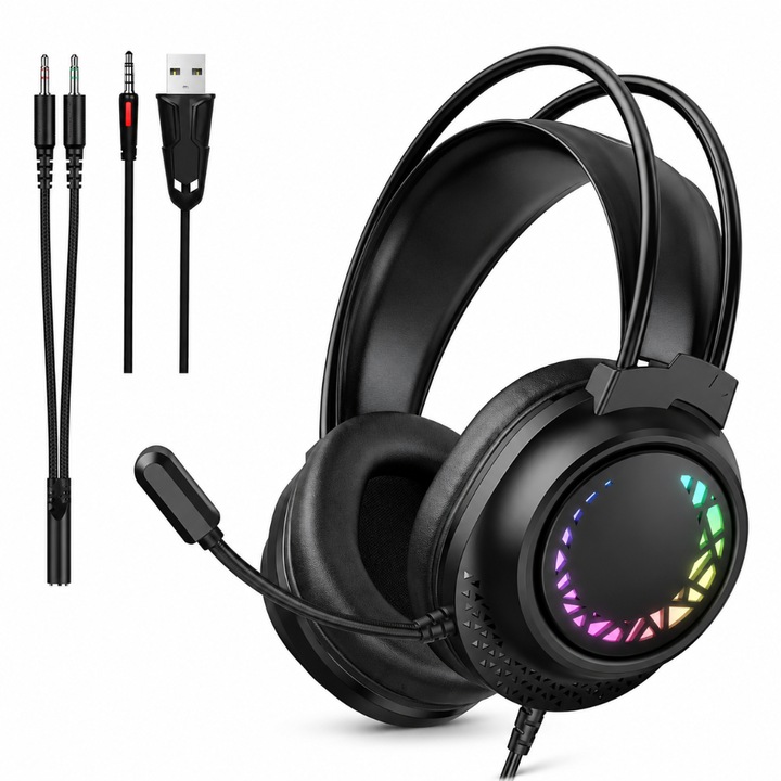 Casti Gaming cu Microfon, Over the Ear, Sunet Surround, Iluminare LED RGB, Reducere Zgomot Fundal, Control Volum, Rotativ 360°, Compatibil Windows, MacOS, PS4, PS5, Xbox, Nintendo Switch, Negru