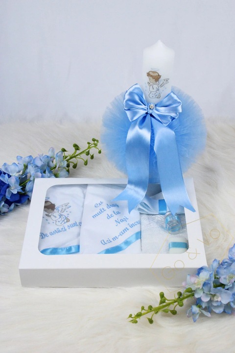 GoVo Kids Set complet trusou botez cu lumanare, Inger "Cu mult drag de la nasi" – 7 piese