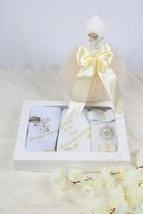 GoVo Kids Set complet trusou botez cu lumanare, Inger "Cu mult drag de la nasi" – 7 piese