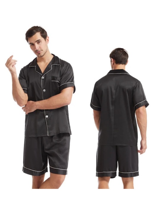 Set pijamale barbati, camasa scurta si pantaloni scurti, negru, satin