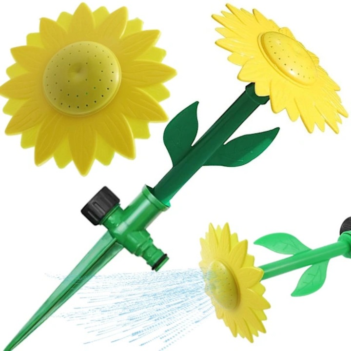 Aspersor de gradina Floarea-soarelui, din PP, pulverizare tip dus, rezistent la intemperii, montare cu tarus si conexiune rapida 1/2, galben/verde, 34x10 cm, 1 buc