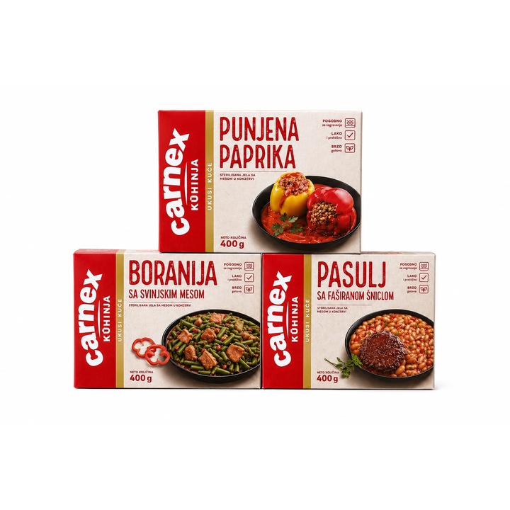 Carnex Pachet 3 x 400g Mancaruri Gata Preparare, Ready to eat – Ardei Umpluti, Fasole cu Plescavita, Fasole Verde cu Carne de Porc