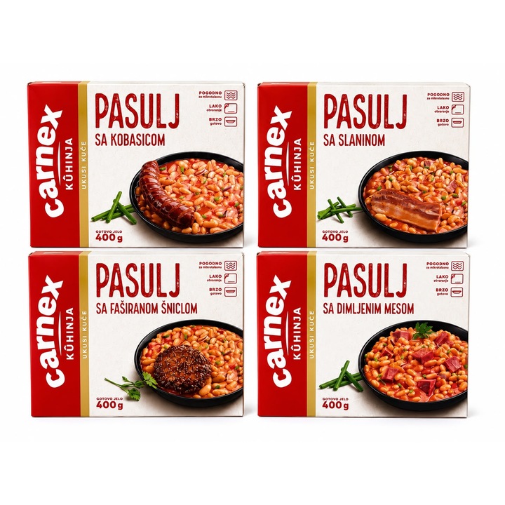 Carnex Pachet 4 x 400g Mancaruri Gata Preparare – Fasole cu Ciolan, Carnati, Slanina, Plescavita