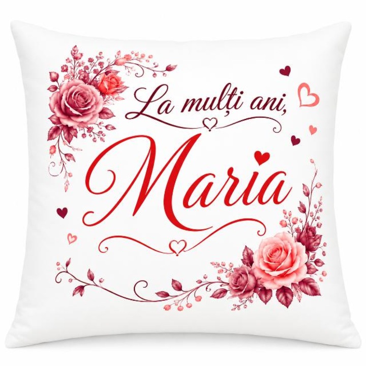 Perna Decorativa Personalizata Maria - La multi ani, Cadou Aniversare, 40x40 cm, poliester, alba