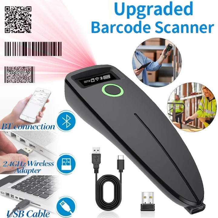Scaner de coduri de bare Fain Mioritic®, Conexiune Bluetooth 2.4G, conexiune prin cablu, 1D/2D, afisaj LED, afisaj cantitate, Mic si portabil, Compatibil cu toate sistemele, cu functie de stocare, Potrivit pentru supermarketuri, depozite etc