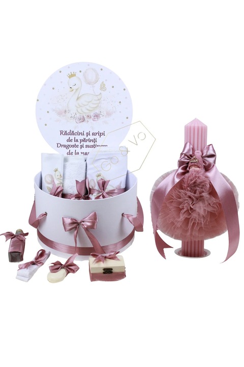Trusou botez cu lumanare, Fetita, 9 piese, Lebada, Roz – Set complet, Cutie Rotunda, GoVo Kids