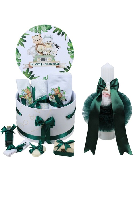 Trusou botez cu lumanare, Baietel, 9 piese, Animalute Safari, Verde – Set complet, Cutie Rotunda, GoVo Kids
