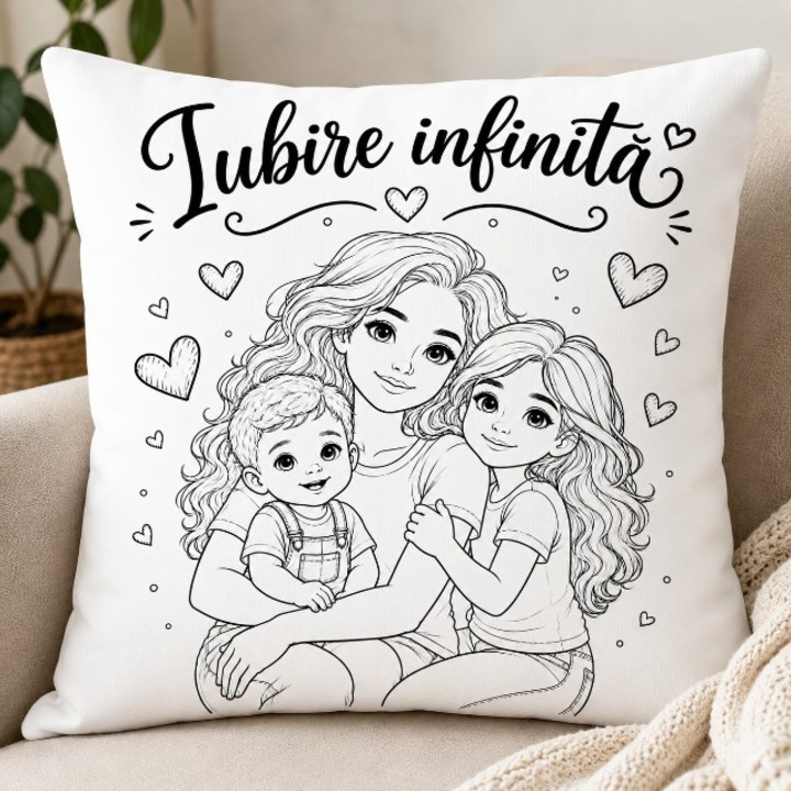 Perna decorativa personalizata, Iubire infinita", model Mama si Copii, alba, poliester, 40x40 cm, cadou pentru mama