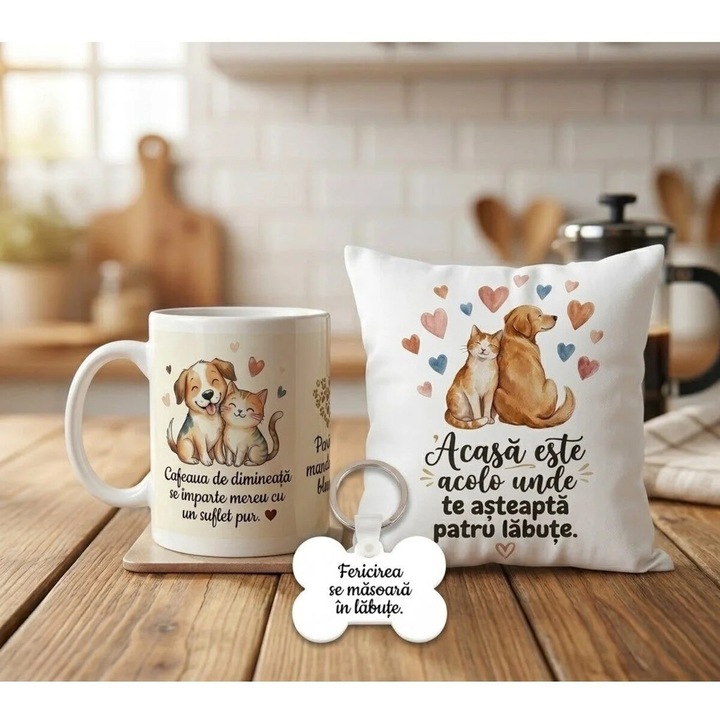 ALL PAPICKS Set Cadou Personalizat: Cana, Fata de Perna Alba si Breloc - Iubitori Animale