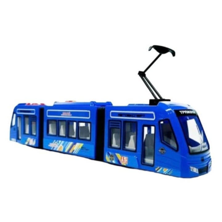 Tramvai electric pentru copii, cu sunete si lumini, MASHASHOP, albastru, 42 cm