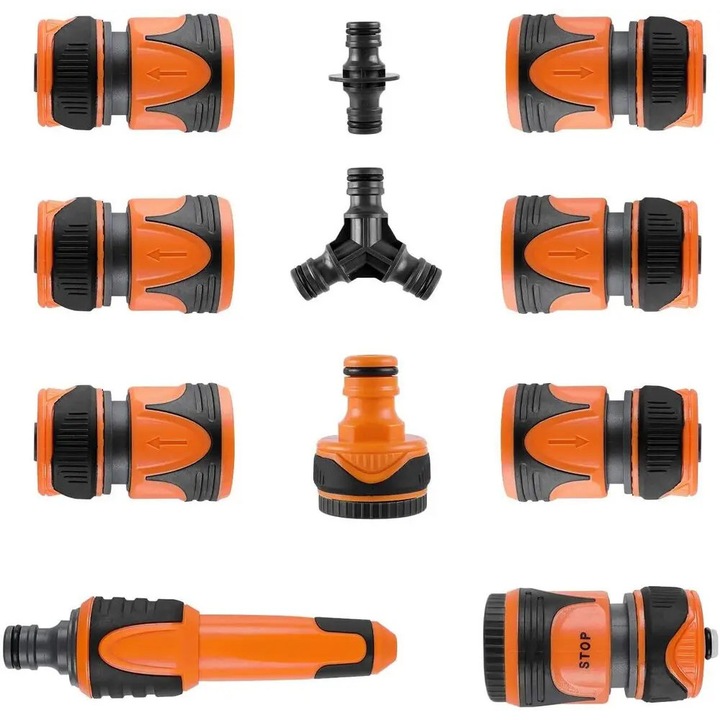 Set conectori furtun gradina, Cuplaje rapide, 11 piese, Pentru furtun 1, 27 cm, Cauciuc, Rezista ≥850 kPa, Conectori standard