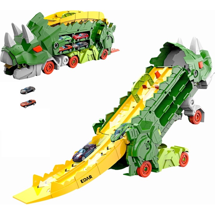 Camion Dinozaur Triceratops 3 in 1 EDAR, Jucarie Interactiva cu Pista Lansare si Transportator Masinute, Capacitate 8 Buc, Include 2 Masini, Cadou Copii 3-6 Ani, Verde