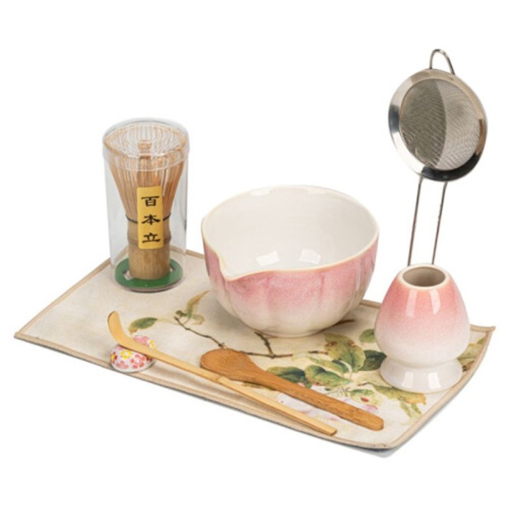 Set ceai Matcha 8 piese, bol, pahar, tel bambus, lingura, roz, unic