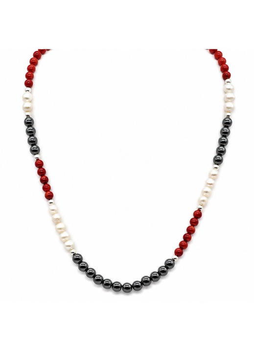 Colier hematit, coral rosu, perle naturale de apa dulce, argint 925, lungime 46 cm
