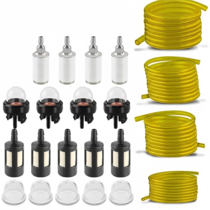 Set 16 bucati, piese carburant compatibile Zama, Homelite, Poulan, Craftsman, furtun combustibil 1.2m (4 ft) in 4 dimensiuni, filtru combustibil, balon primer si capace, galben