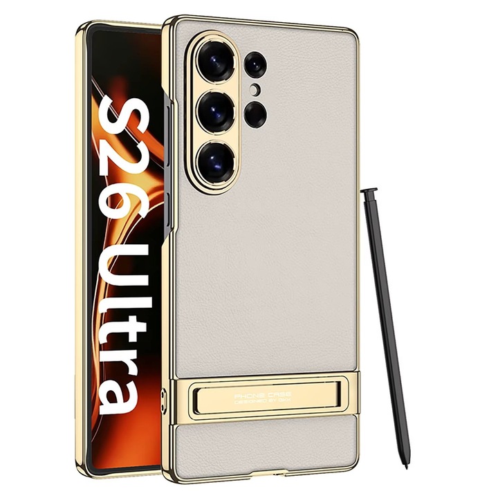 Husa pentru Samsung Galaxy S26 Ultra, AGORA Luxury Edition, Piele Ecologica Gri Titan, Suport Integrat