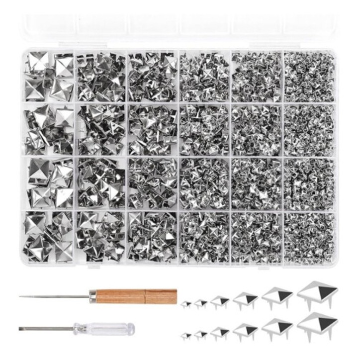 Set 1222 buc tinte patrate piramidale metalice pentru haine si accesorii, argintiu