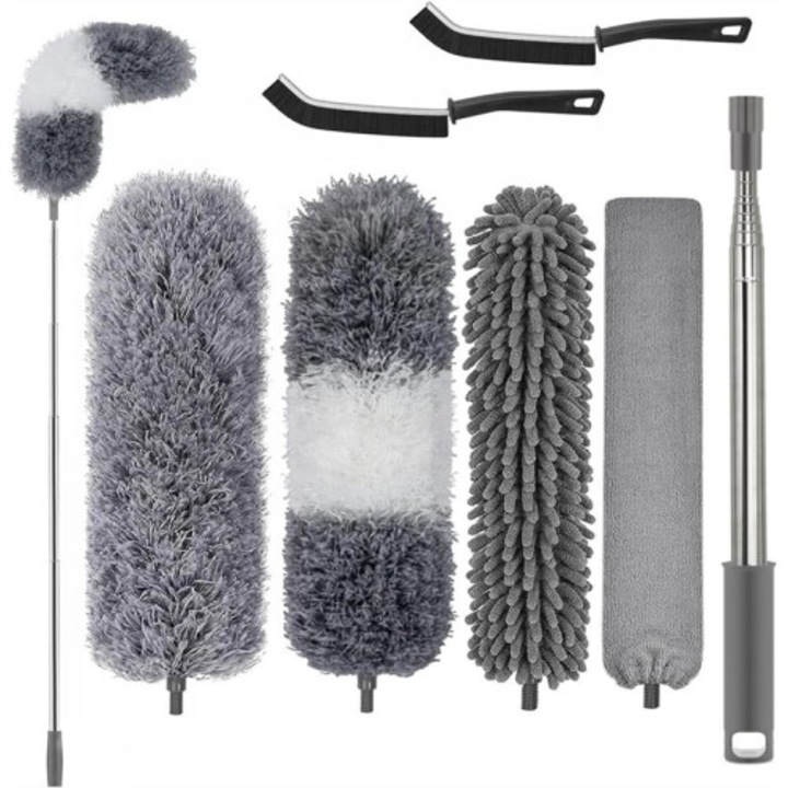 Perie telescopica pentru praf, duster din microfibra lavabila, extensibila pana la 254 cm, cap flexibil si capete interschimbabile, gri/alb, 1 set