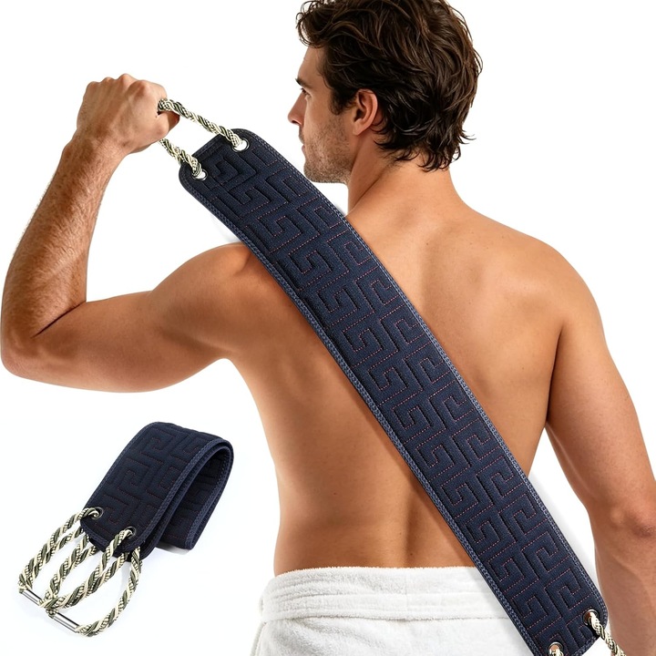 OUYLAF Exfoliáló fürdőszivacs fogantyúkkal, 97 cm, dupla textúra, tartós szál, mélytisztítás, gyengéd hámlasztás, praktikus fogantyúk a hátmosáshoz, zuhanyzáshoz, fürdéshez, testmasszázshoz és mindennapi ápoláshoz