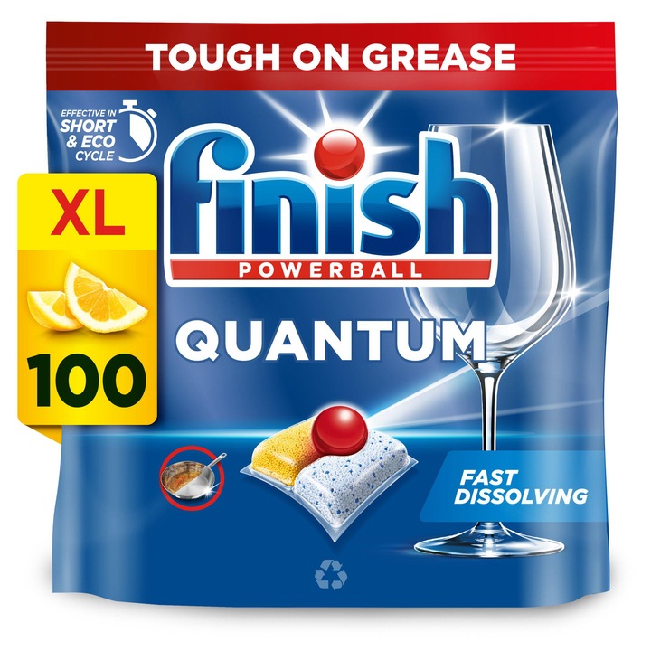 Detergent capsule pt. masina de spalat vase Finish Quantum All in 1 Lemon XL, 100 spalari