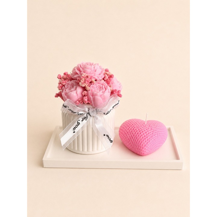 Set decorativ Pink Peony Heart - Aranjament floral din ceara si lumanare pe tavita decorativa, Handmade