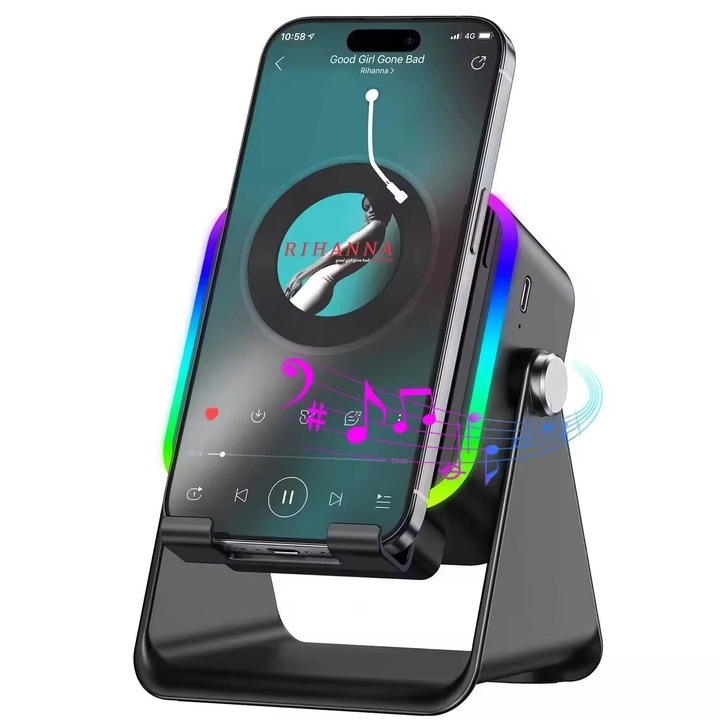 Suport de Birou pentru Telefon cu Senzor Wireless, Boxa si Lumina RGB