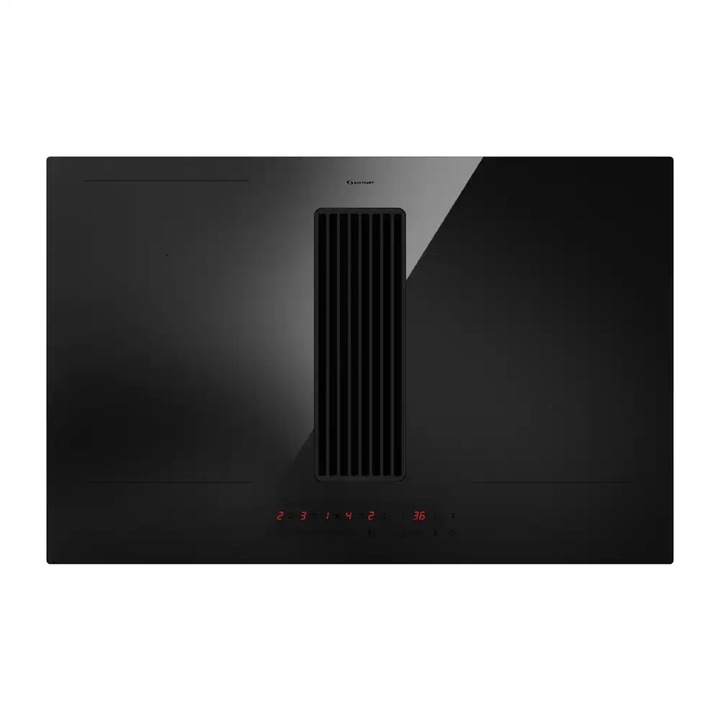 Plita incorporabila premium pe inductie cu hota integrata GALVAMET, Start, 4 zone, 80 cm, clasa energetica A+, putere de absorbtie 650 m³/h, 2 zone Bridge, 9 trepte putere, functie Booster, timer, panou control touch slider, negru